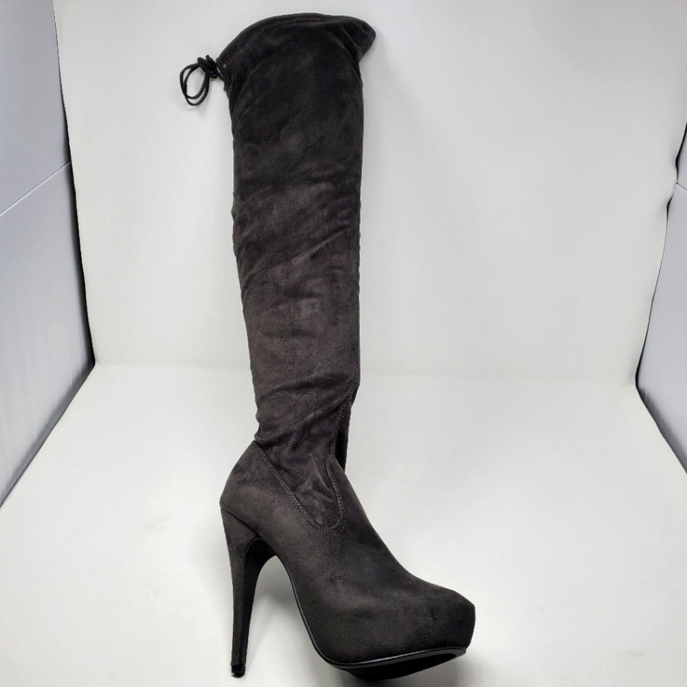 Forever Compose-23 Faux Suede Grey Thigh-High Boots